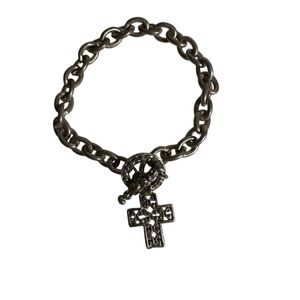 Silver Tone Cross Charm Rolo Links Bracelet